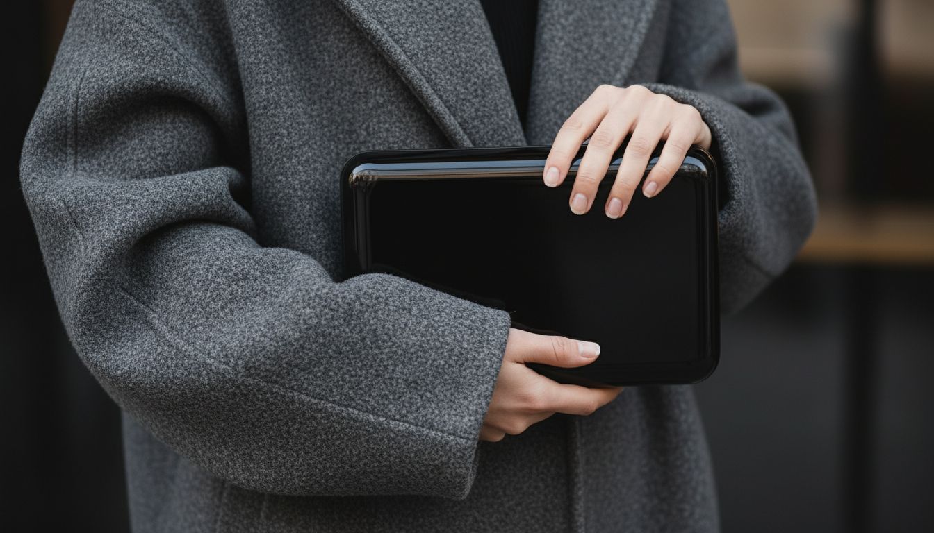 Крупный план рук, держащих жесткий глянцевый черный кейс-клатч на фоне рукава объемного серого пальто.