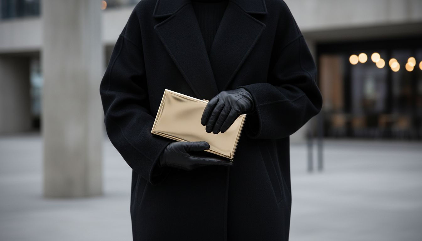 Женщина в черном оверсайз пальто и кожаных перчатках держит в руках минималистичный золотой металлический кейс-клатч.