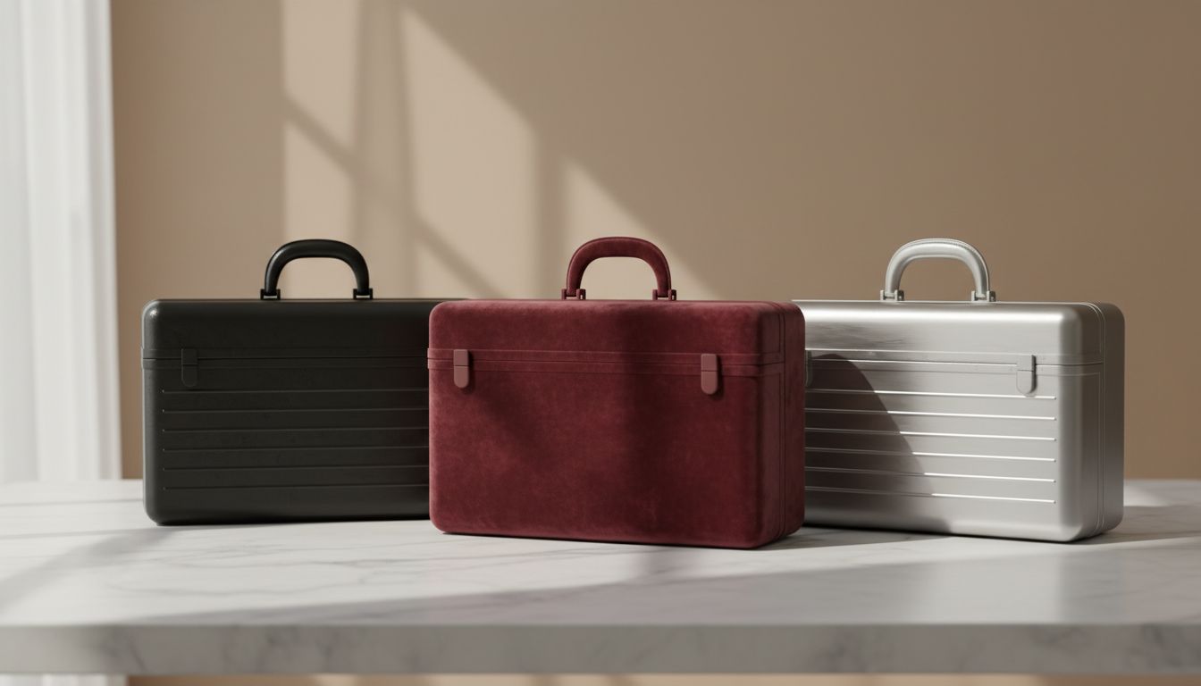 Несколько сумок-кофров разной текстуры и цвета (матовый черный, бордовый бархат, серебряный металлик) выстроены в ряд.