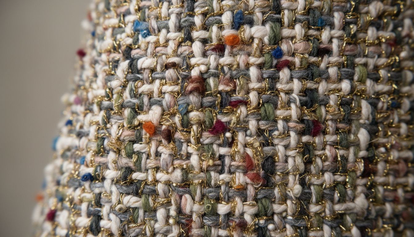 Крупный план плетения плотного буклированного твида, демонстрирующий разнообразие толстых нитей и цветовых включений.