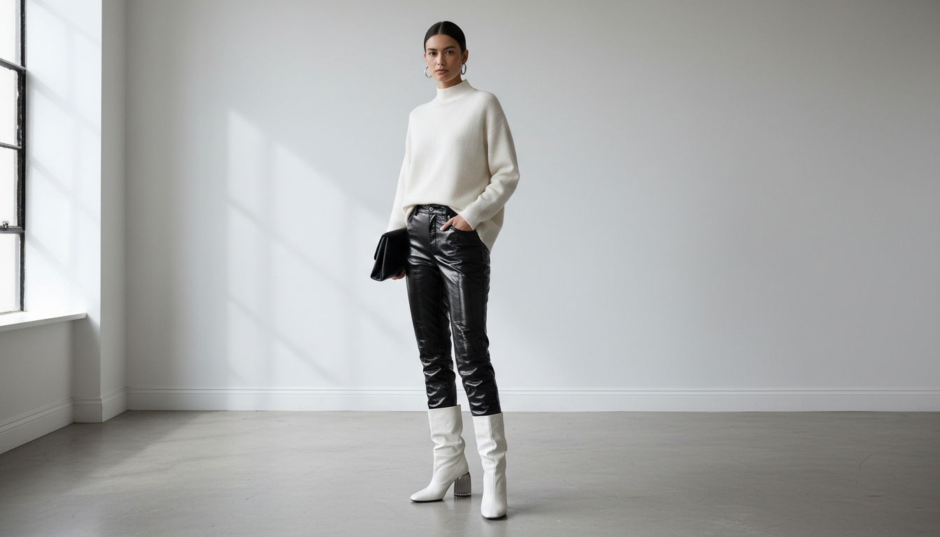 Девушка в черных лаковых брюках и белых ботильонах-трубах на каблуке-цилиндре