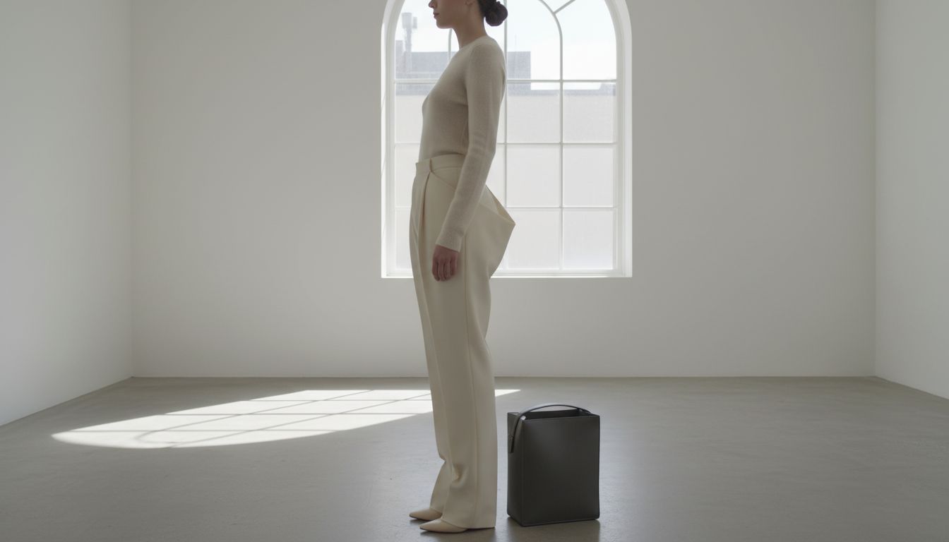 Модель стоит боком, демонстрируя четкий профиль брюк, где складка оригами создает резкий переход от талии к объему бедра. Рядом стоит геометрическая сумка-кофр.