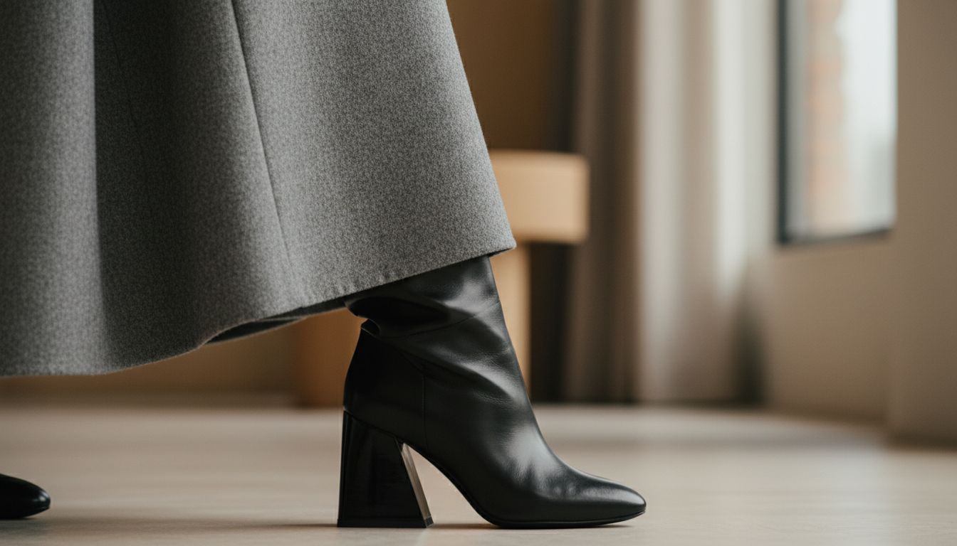 Детальный план: подол плотного серого шерстяного платья-макси, под которым виден верх сапога-трубы и блестящий черный каблук-пирамида.