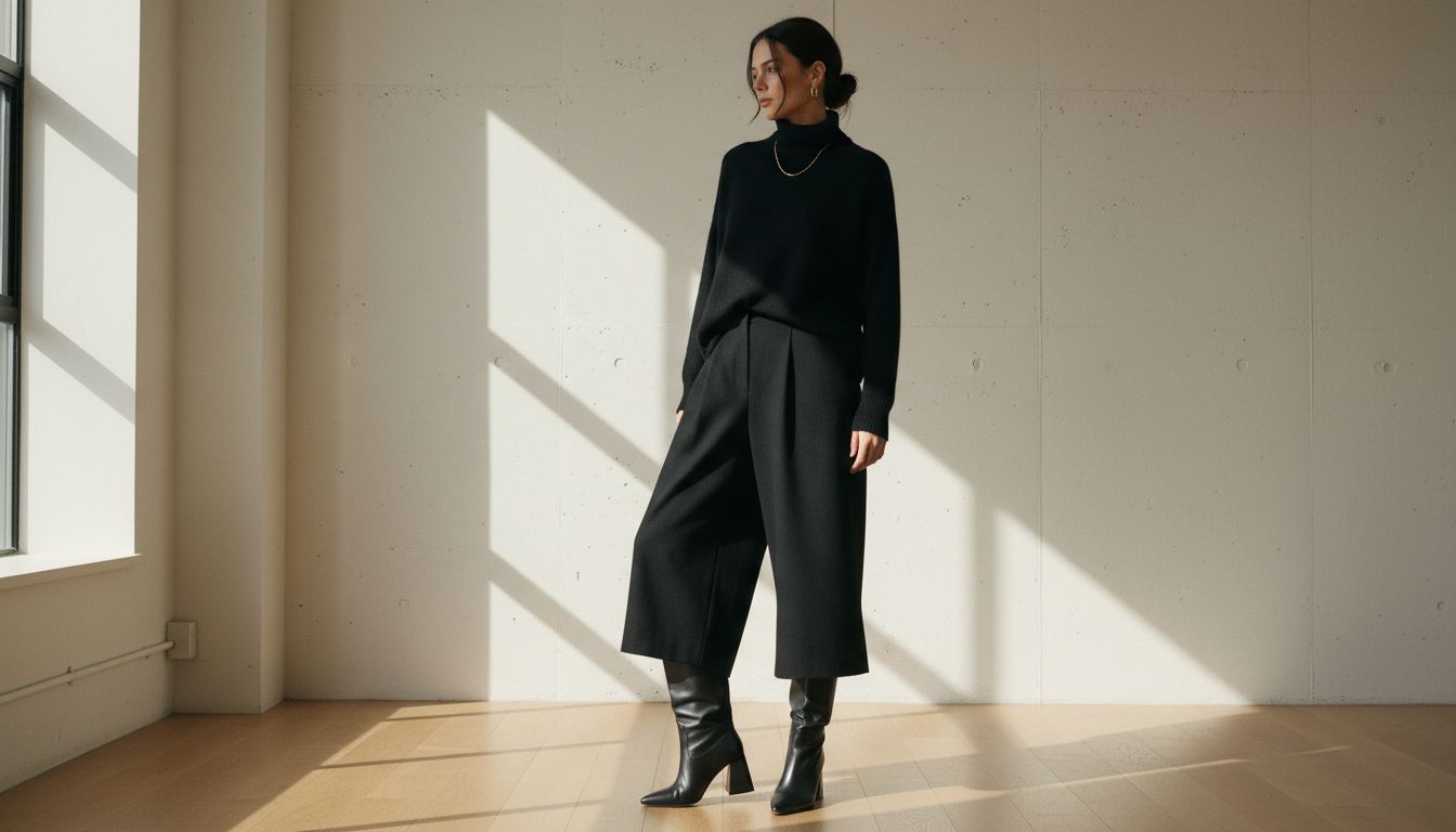 Женщина в широких черных шерстяных брюках-палаццо, из-под которых видны только носок и каблук сапога-трубы в форме перевернутой пирамиды.