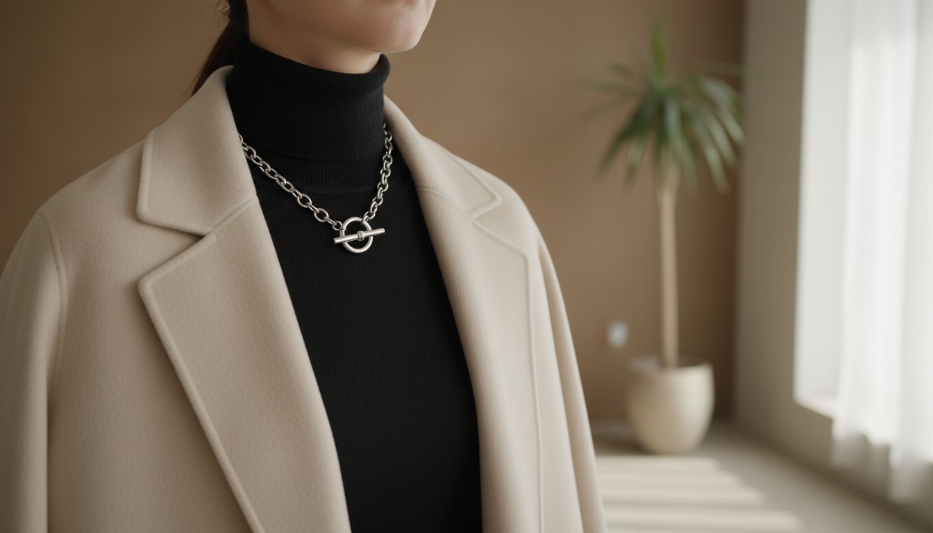 Женщина в бежевом кашемировом пальто и черной водолазке, на которой лежит массивное серебряное колье-тогл.