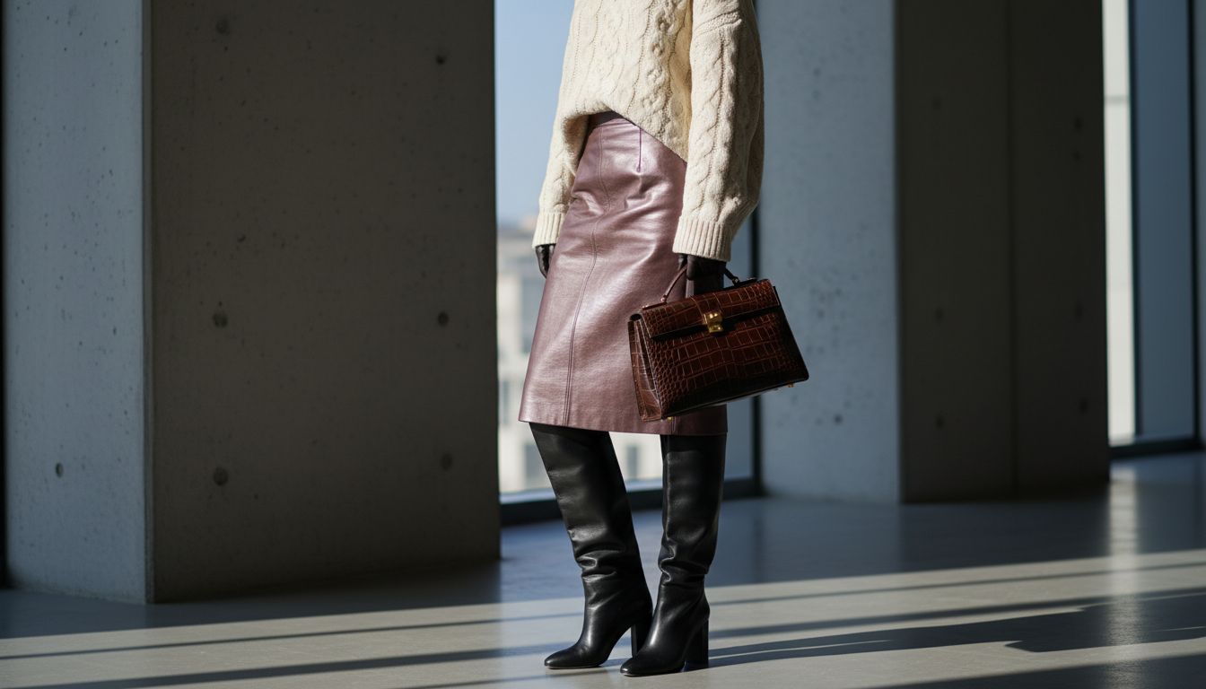 Стилизованный образ: Юбка из муара, оверсайз свитер, высокие сапоги-трубы и жесткая сумка-кофр.