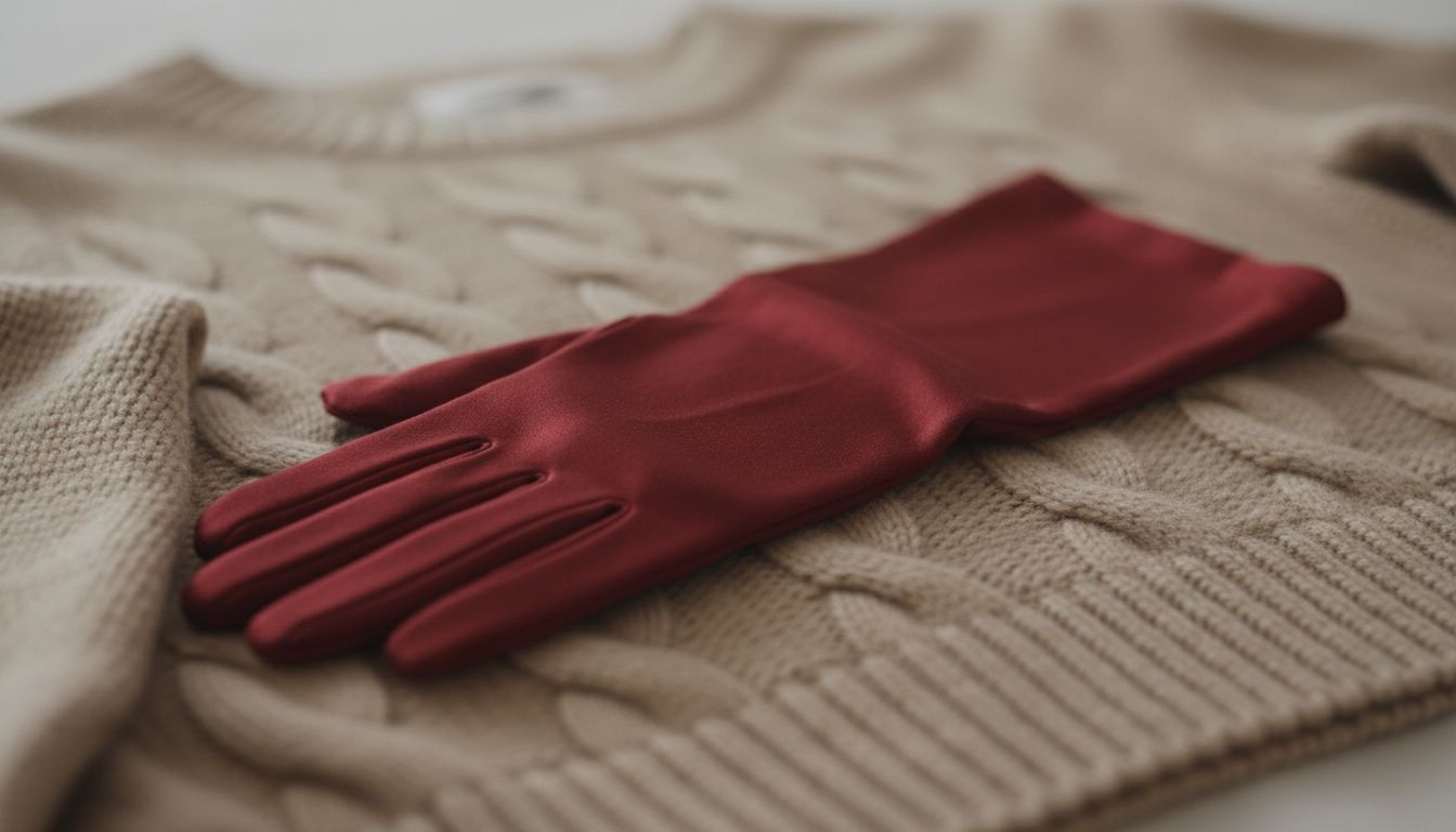 Крупный план оперных перчаток оттенка граната, лежащих на мягком свитере из бежевого кашемира.