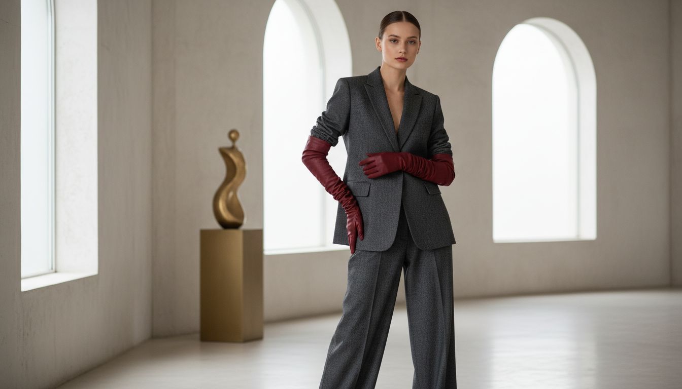 Модель в брючном костюме из серого меланжа и высоких перчатках гранатового цвета, подчеркивающих линию локтя.