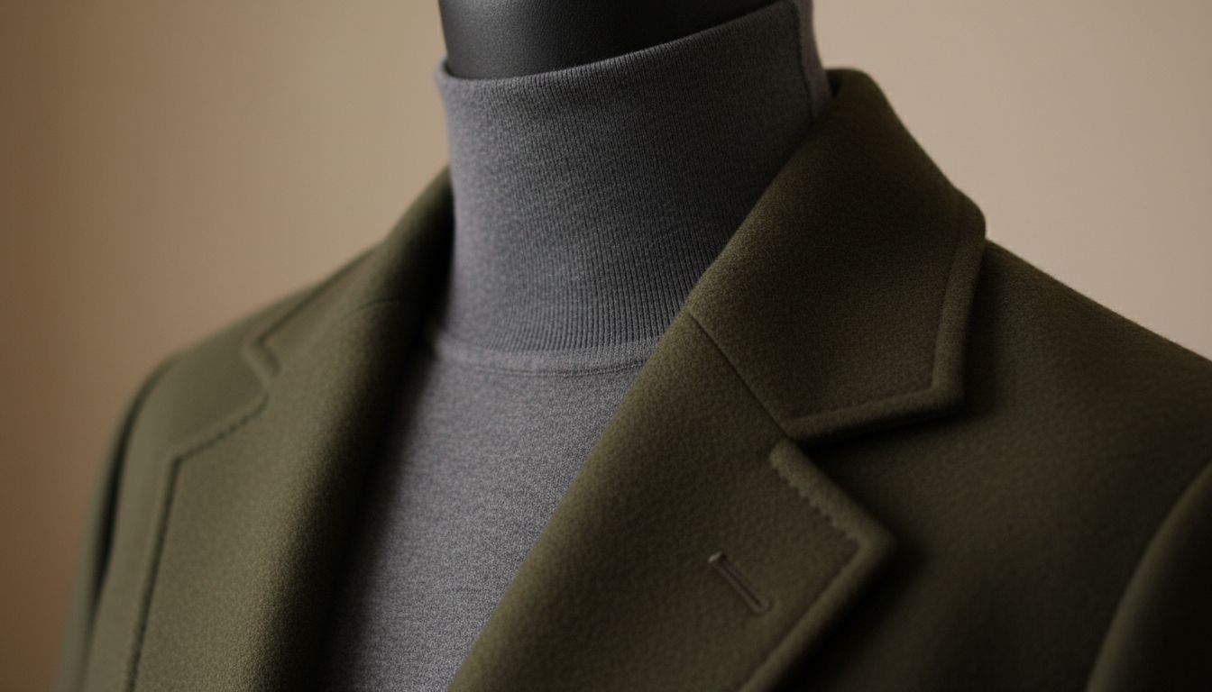 Крупный план: воротник-стойка из тонкого шерстяного джерси, выглядывающий из-под лацкана плотного шерстяного жакета.