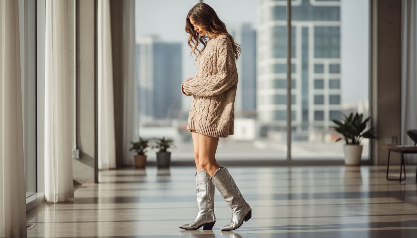 Модель в объемном бежевом свитере крупной вязки и казаках из окисленного серебра.