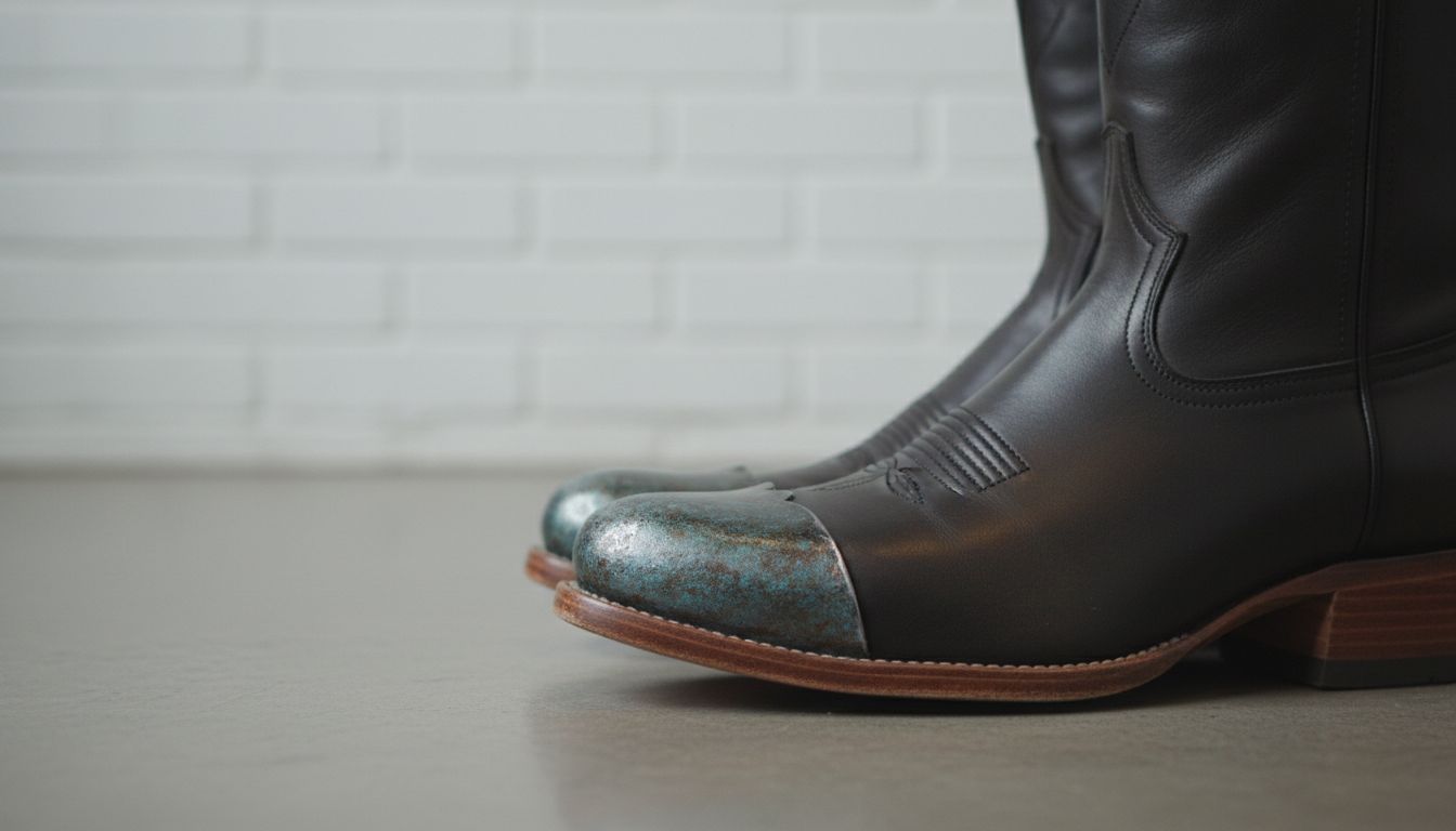 Крупный план металлического мыса на казаках, демонстрирующий матовую текстуру патины.