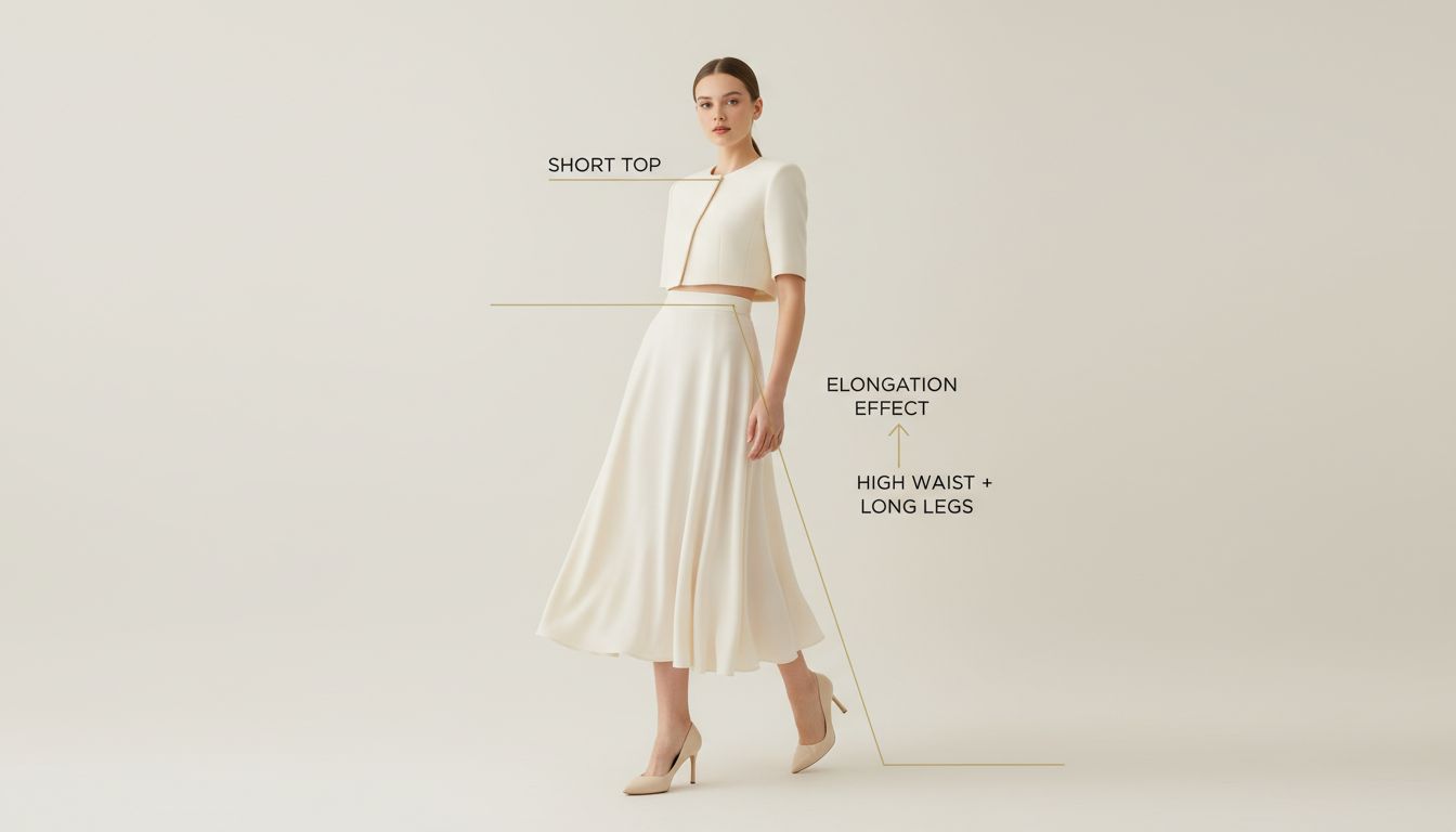 Схема, демонстрирующая оптическую иллюзию удлинения ног, создаваемую укороченным Жакет-Болеро и юбкой на высокой талии.