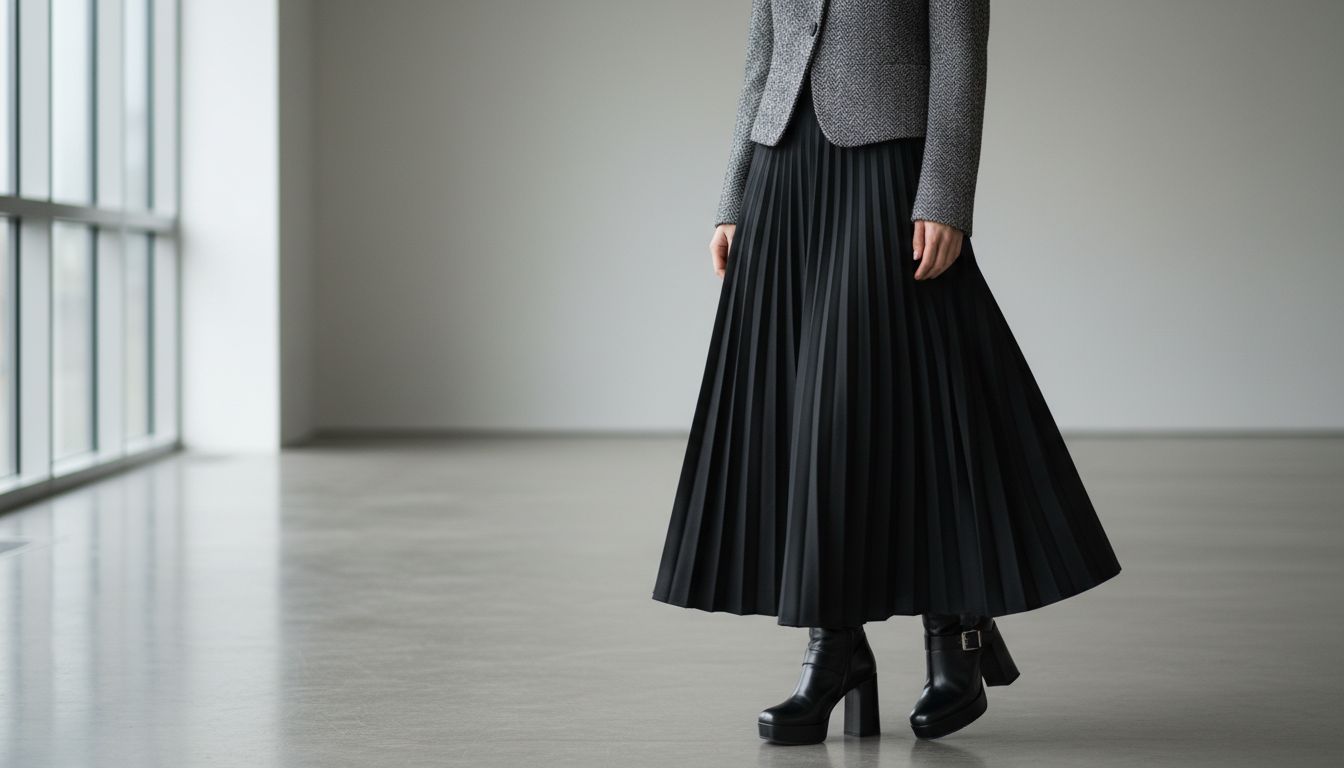 Образ, где Жакет-Болеро из серого твида сочетается с черной, тяжелой юбкой-макси с четкими складками. Акцент на обуви.