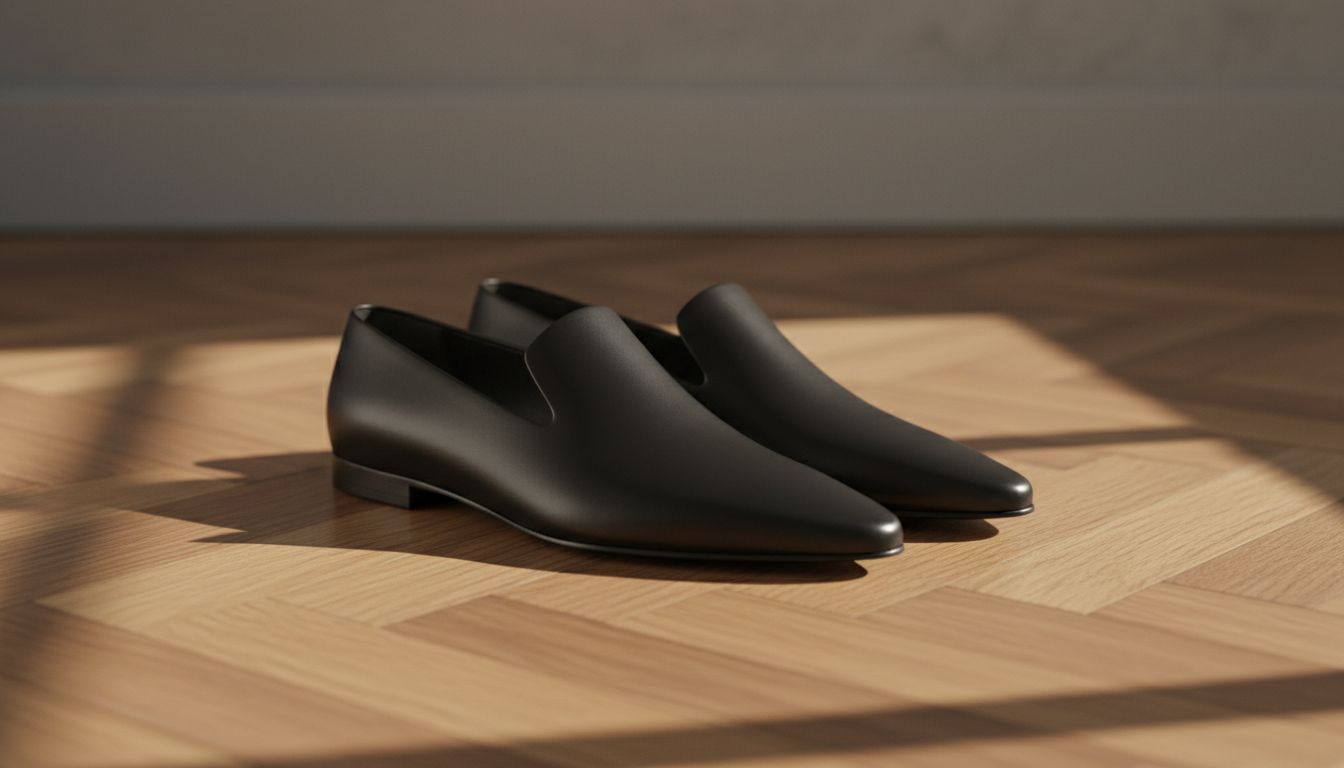 Крупный план на пару черных минималистичных лоферов с длинным, заостренным мысом, стоящих на паркете, демонстрируя их архитектурную форму.