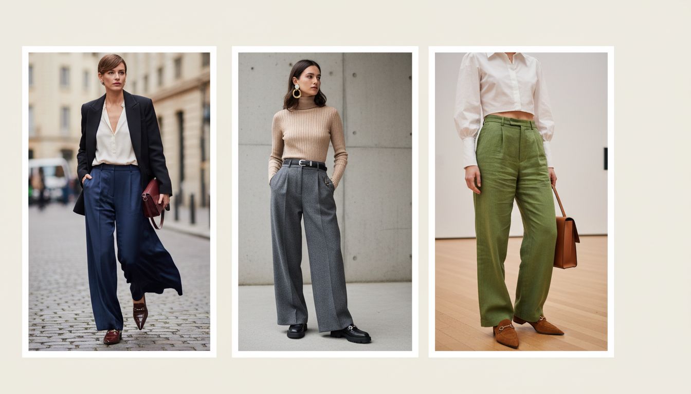 Стилизованный коллаж из трех примеров образов, демонстрирующих сочетание широких брюк-палаццо и лоферов с агрессивно заостренным мысом.
