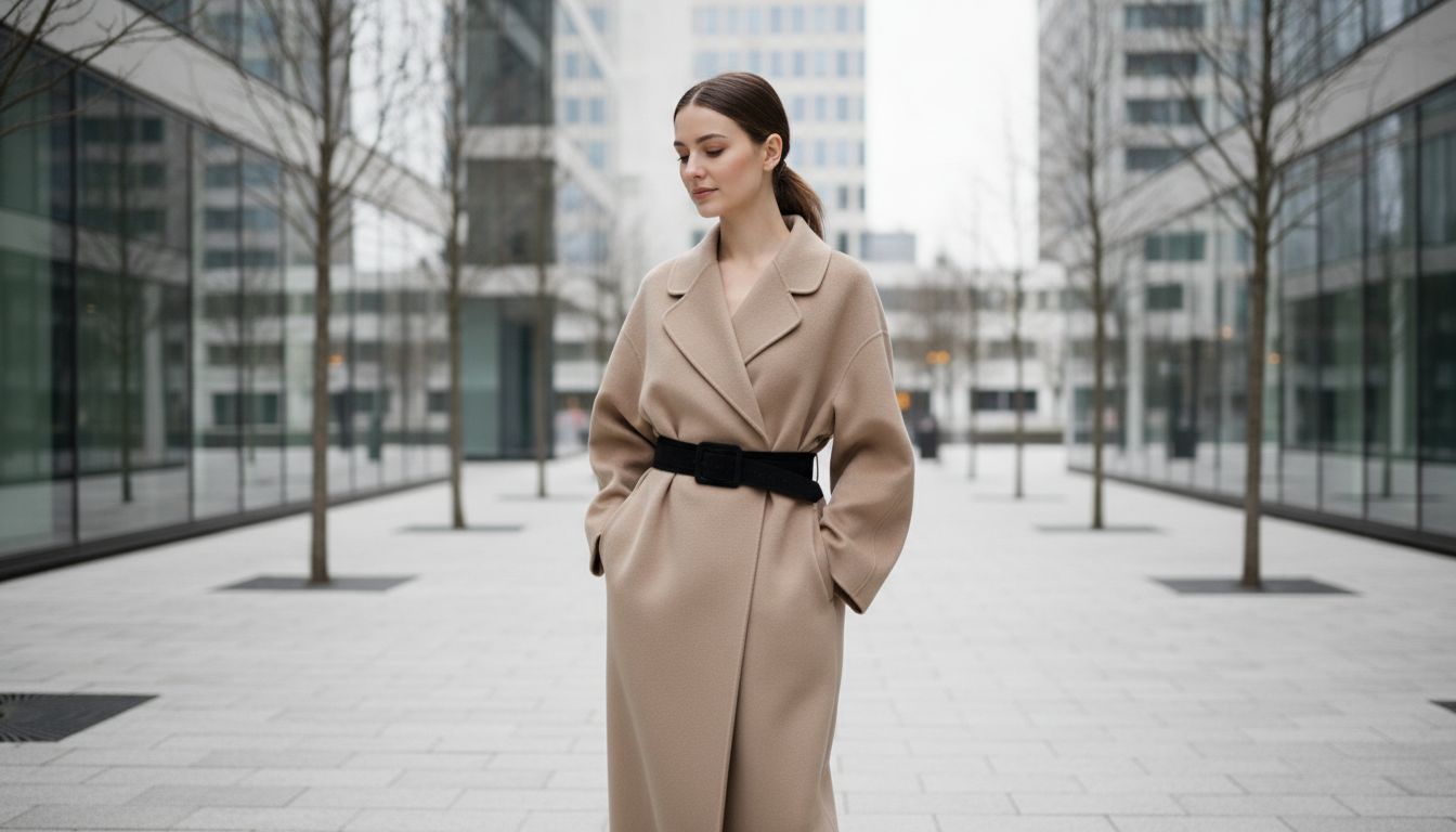 Девушка в бежевом оверсайз пальто, которое зафиксировано снаружи широким черным замшевым оби, создающим эффект кокона.