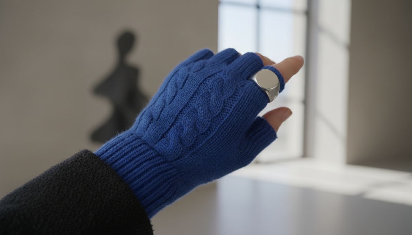 длинные митенки электрического кобальта, надетые поверх черного шерстяного рукава, с крупным серебряным кольцом на пальце.