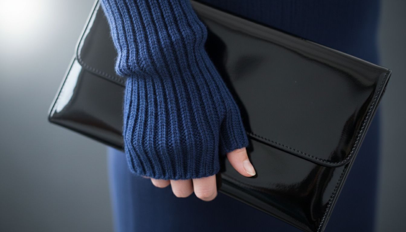 крупный план текстуры: митенки из плотного кобальтового риба, надетые на руку, которая держит клатч из черной лаковой кожи.