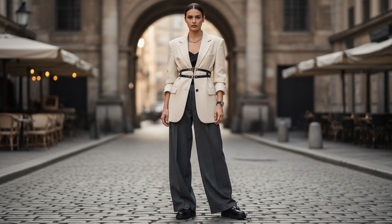 Модель демонстрирует сочетание оверсайз-блейзера с портупеей, строгих шерстяных брюк-палаццо и массивных кожаных лоферов.
