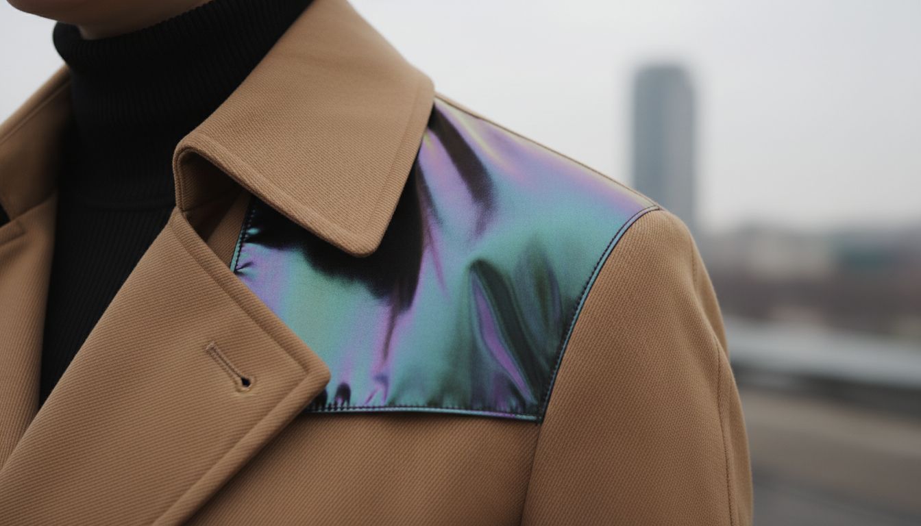 Крупный план переливающегося технического нейлона с бензиновым эффектом на плече строгого тренча.