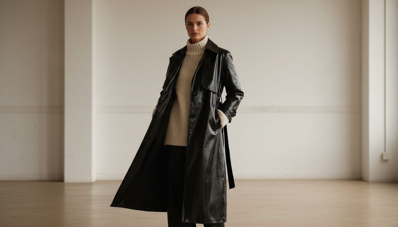 Женщина в расстегнутом глянцевом макси-тренче, из-под которого видно горловину и рукава объемного кашемирового свитера крупной вязки.