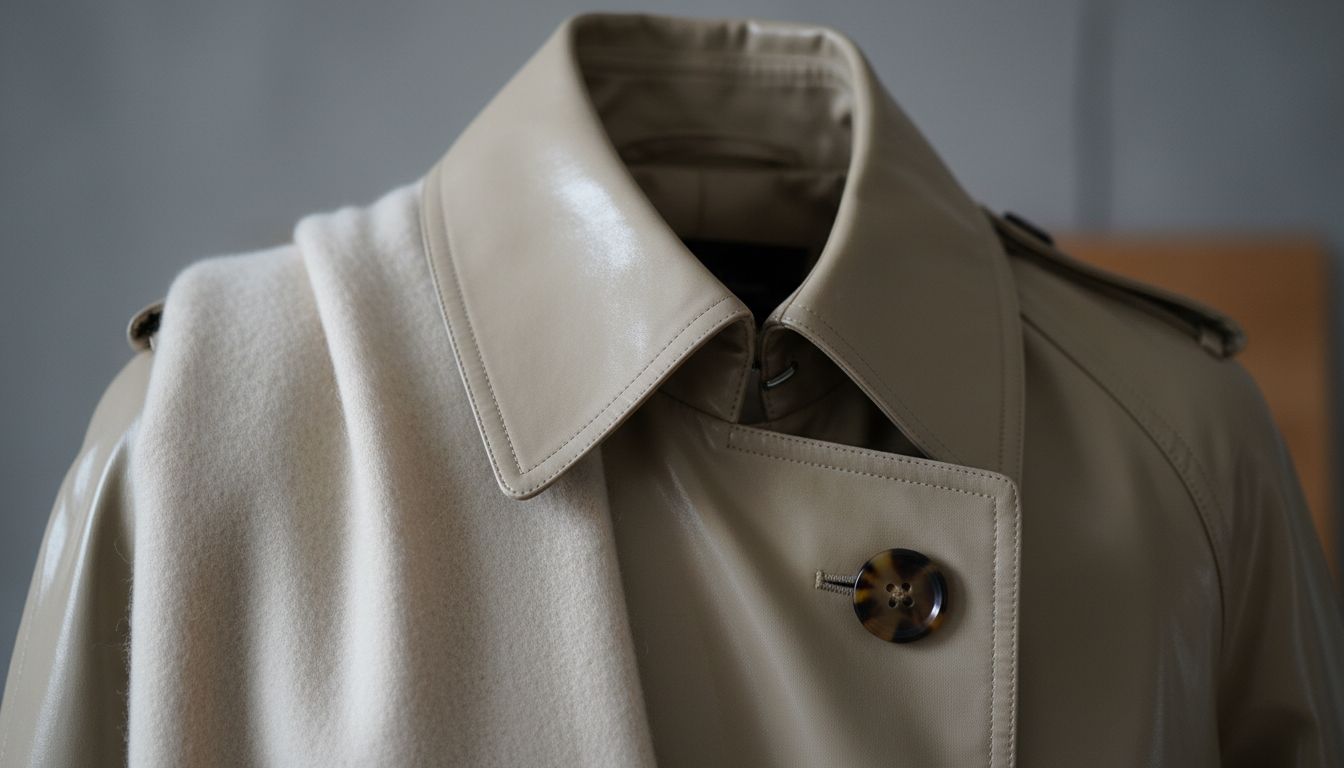 Детализированный снимок воротника глянцевого тренча, рядом с которым видна мягкая, слегка ворсистая текстура кашемирового шарфа.