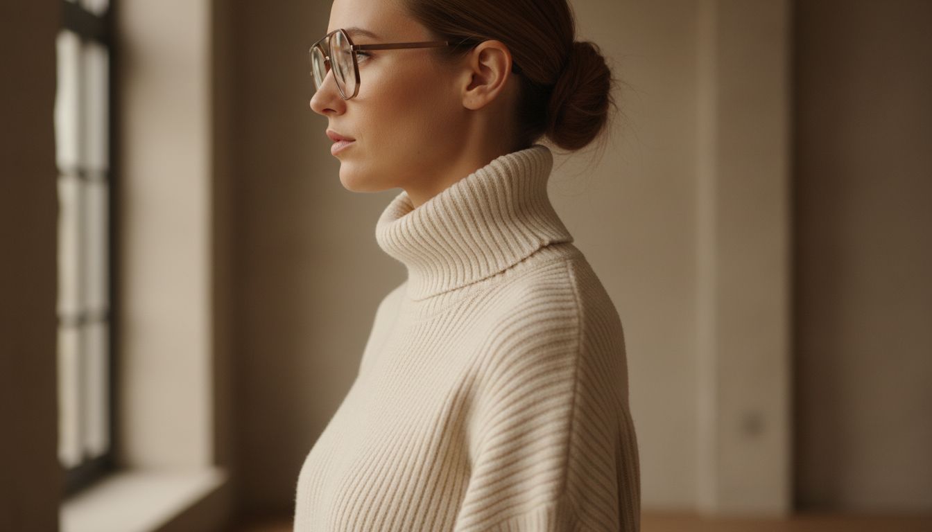 Женщина в оверсайз-водолазке цвета слоновой кости, очки Muted Burnt Bronze добавляют структуре тепла. Вид сбоку, подчеркивающий геометрию оправы.
