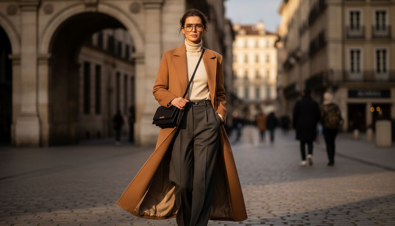 Снимок стрит-стайла: женщина в макси-пальто верблюжьего цвета и геометрических очках Muted Burnt Bronze, создающих фокус на лице.