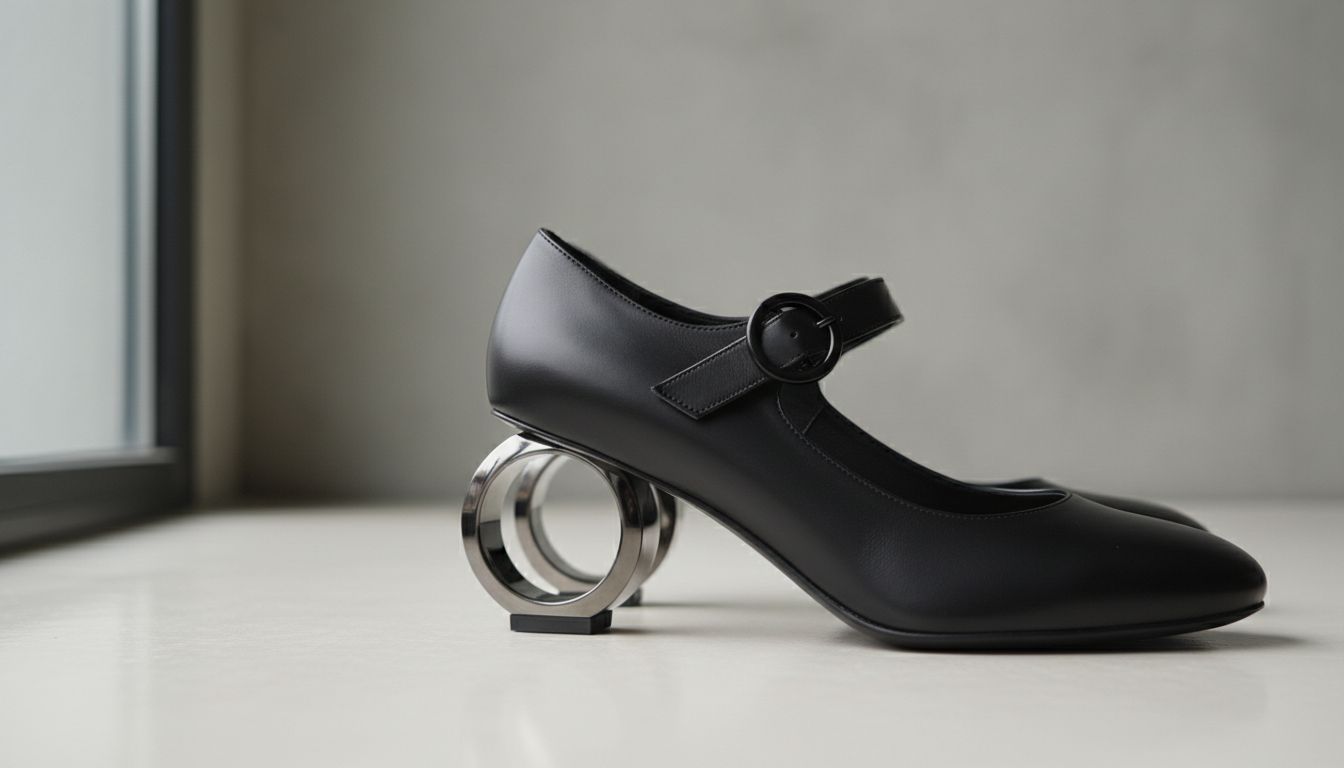 Крупный план туфель Мэри Джейн из матовой черной кожи с ремешком и полым металлическим каблуком-кольцом.