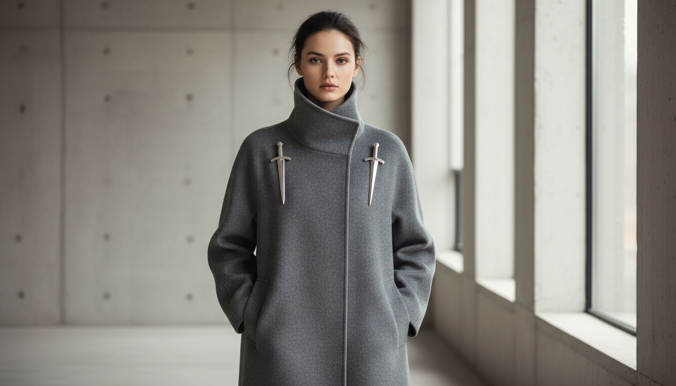 Девушка в длинном сером оверсайз-пальто с высоким воротником, на котором закреплены две одинаковые серебряные броши-кинжала, расположенные симметрично.
