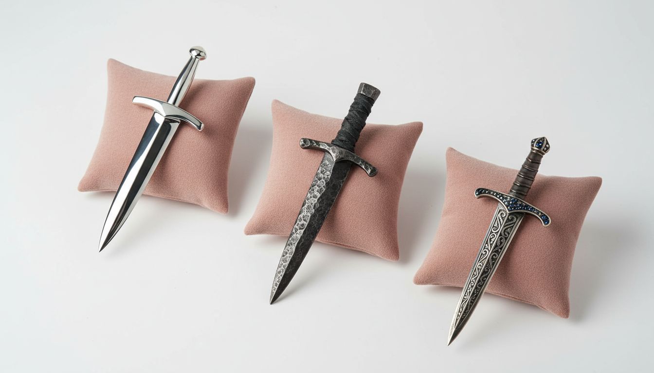 Три разных варианта брошей-кинжалов: один с гладкой, зеркальной поверхностью, второй - с кованой текстурой, третий - с чернением.