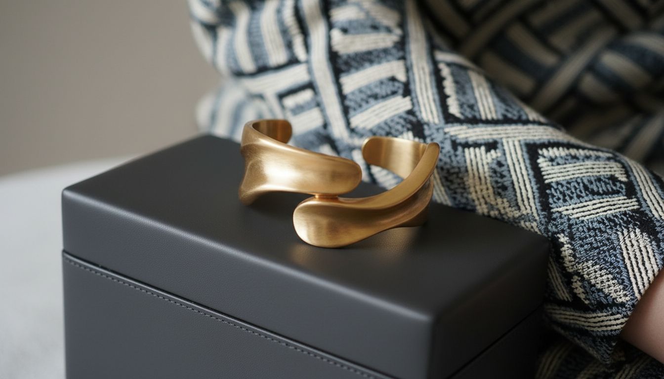 Акцент на аксессуарах: матовая сумка-кофр и скульптурный металлический браслет на фоне рукава из геометрического жаккарда.