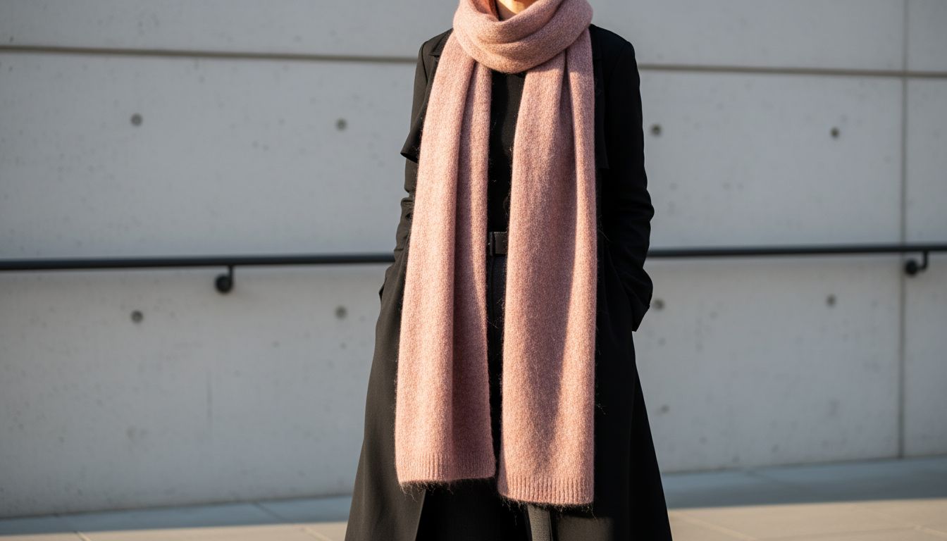 Длинный мохеровый шарф цвета Каменной Розы, свисающий до колен поверх черного плаща