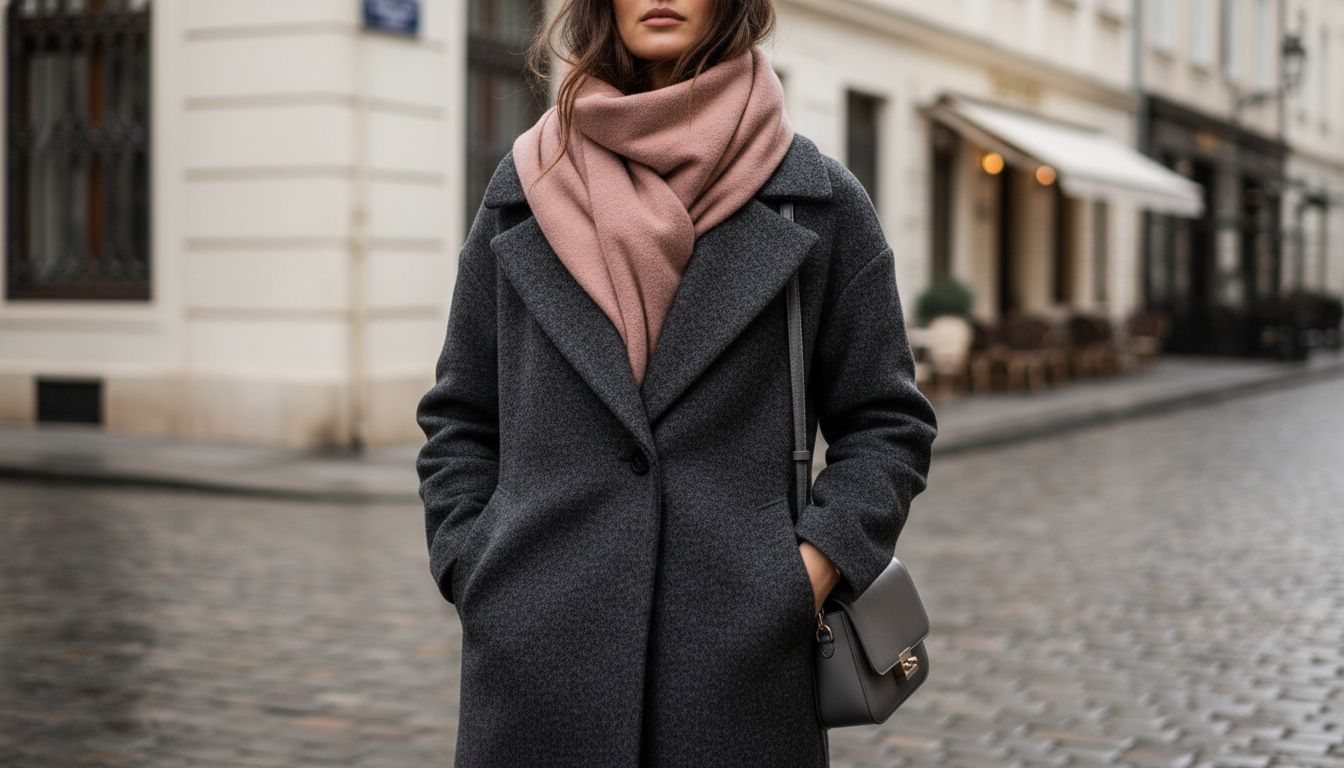 Девушка в пальто из графитового меланжа, воротник которого обрамлен объемным шарфом Muted Dusty Stone Rose Pink