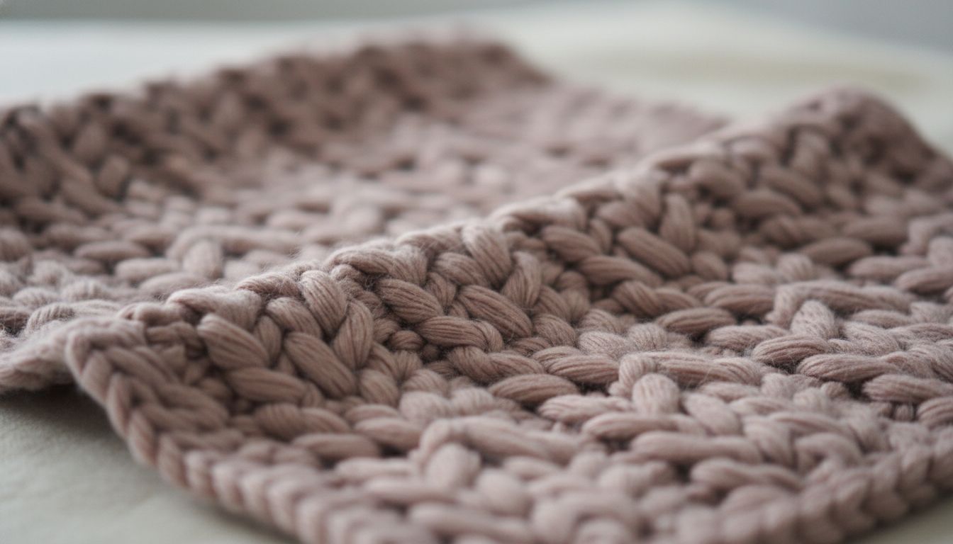 Крупный план текстуры шарфа из кашемира в оттенке Каменной Розы с заметной крупной вязкой