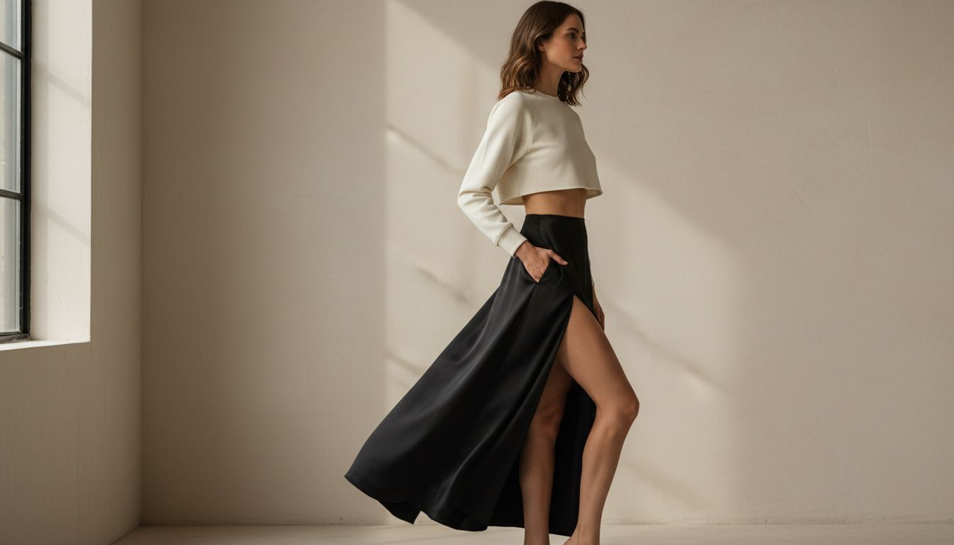 Модель, стоящая боком, демонстрирующая четкий горизонтальный срез укороченного свитшота и высокий, острый боковой разрез юбки.