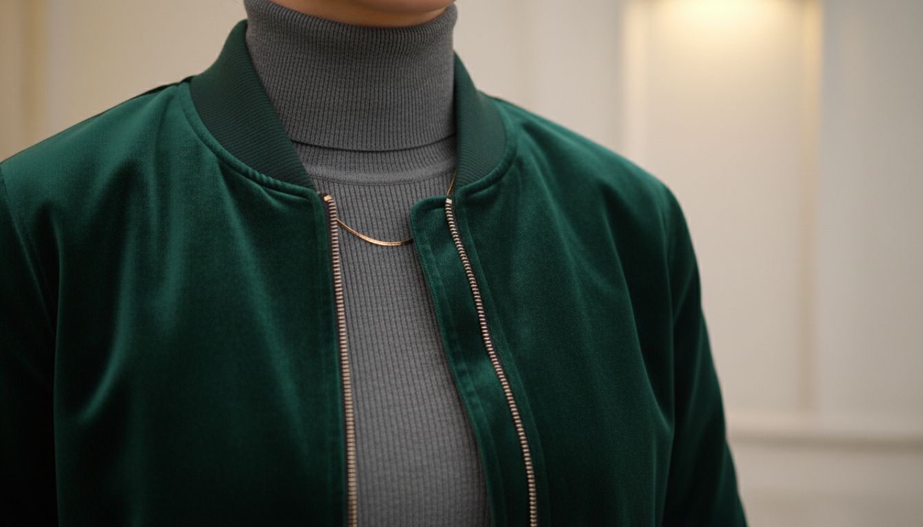Детализация: Стилизация бархатного бомбера с тонким трикотажным гольфом, демонстрирующая идеальное сочетание текстур на уровне шеи и воротника.
