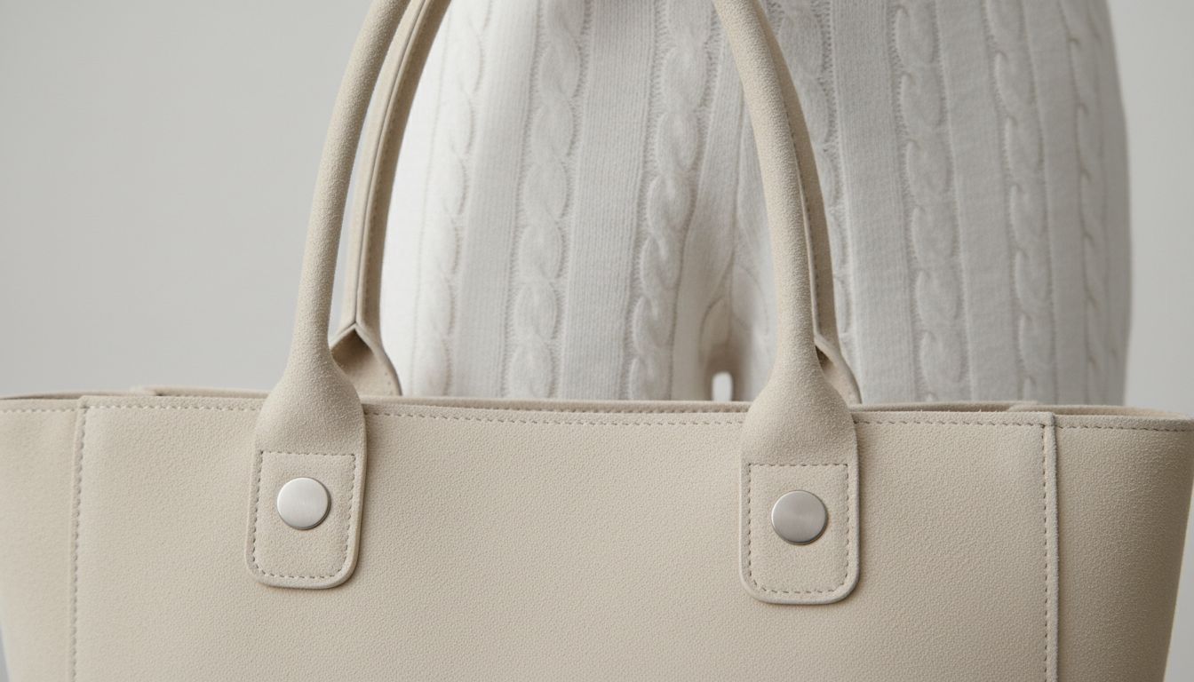 Детализация ручки замшевого шоппера и небольшая металлическая фурнитура матового серебра на фоне белых шерстяных брюк.