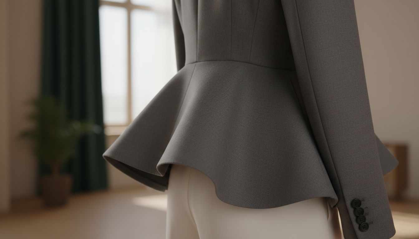 Крупный план жесткой баски-пеплум на шерстяном блейзере, демонстрирующий четкость края и отсутствие драпировок.