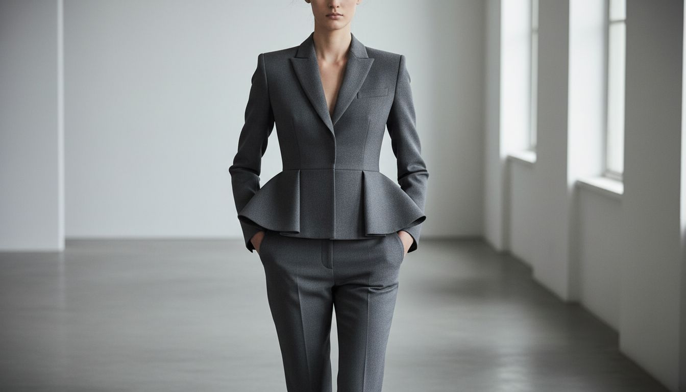 Подиумный образ, где блейзер с баской-пеплум представлен в монохромном сером цвете, подчеркивая строгость и чистоту линии.