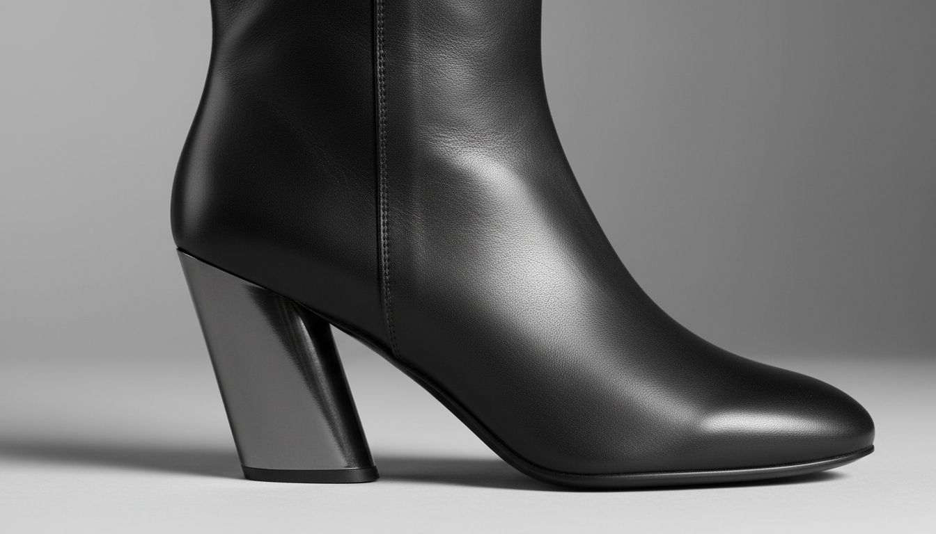 Крупный план на каблук-наклонный цилиндр на сапоге из матовой кожи, демонстрирующий угол наклона и текстуру.