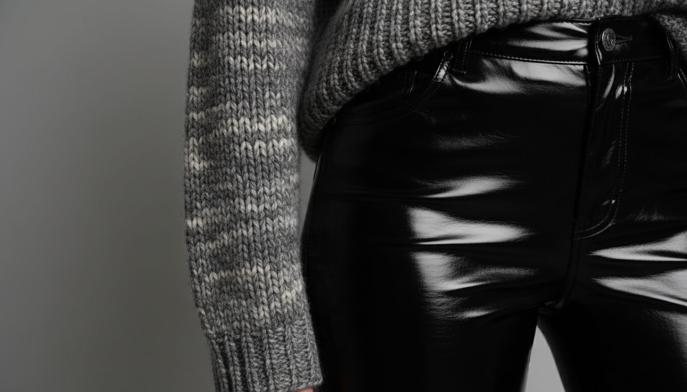 Крупный план текстуры зеркального черного винила на брюках, контрастирующей с крупной вязкой матового свитера.