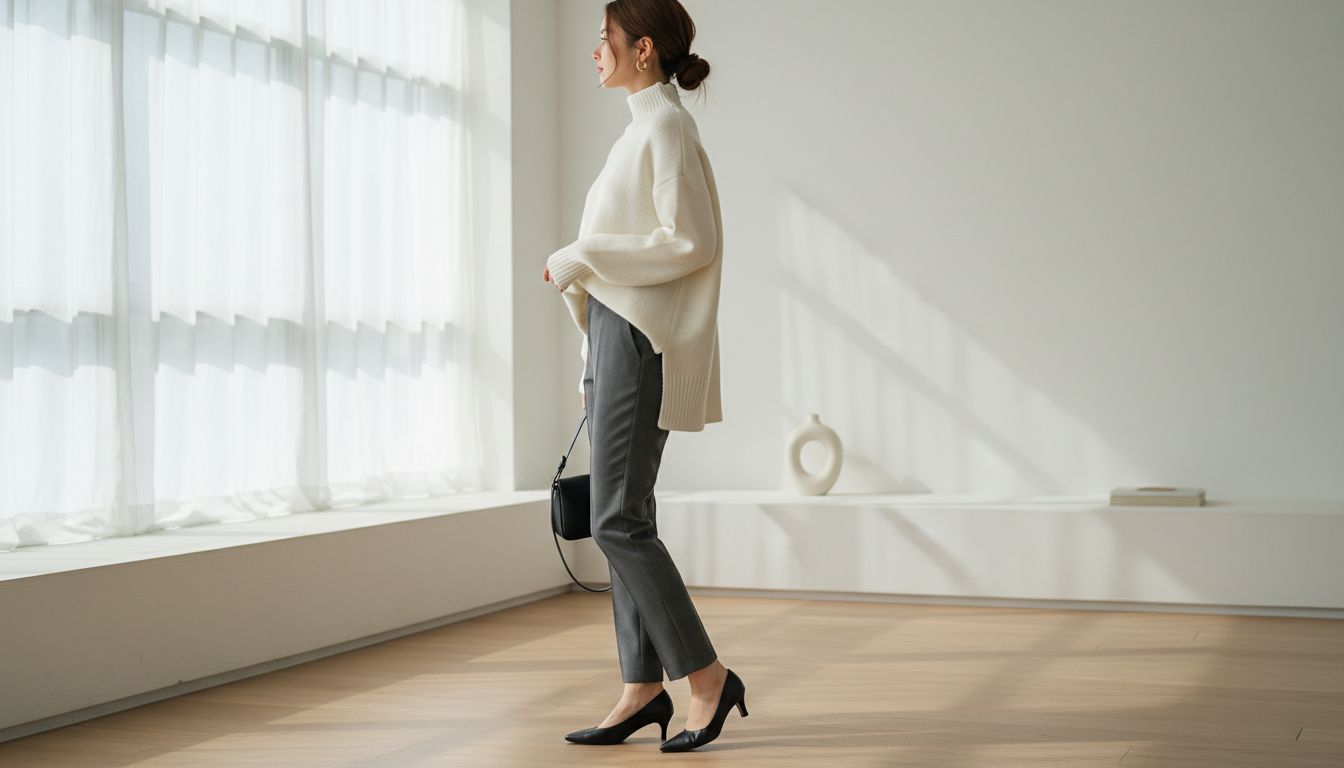 Финальный образ сбоку, демонстрирующий идеальную посадку брюк-дудочек и длину свитера оверсайз.