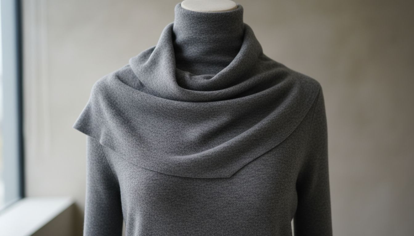 Крупный план асимметричного воротника-хомута из тонкой шерсти, демонстрирующий четкие, но ниспадающие складки.