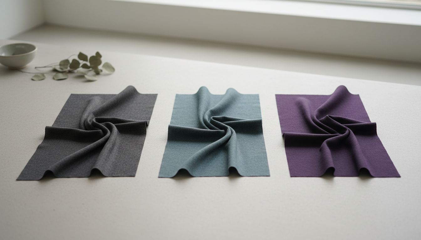 Коллаж из образцов тонкой шерстяной ткани в цветах графит, матовый петроль и баклажан, демонстрирующий пластичность материала.