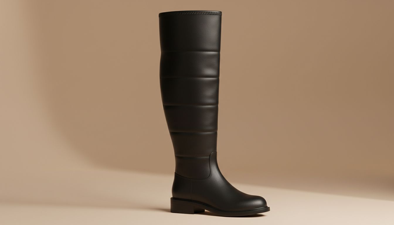 Крупный план черного сапога-трубы с четкими горизонтальными сегментами на голенище, демонстрирующий жесткость и матовую текстуру кожи.