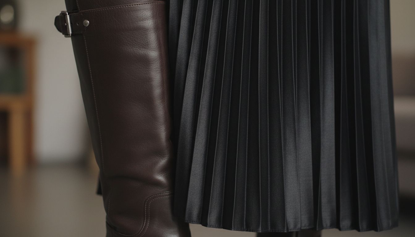 Деталь: крупный план на стыке жесткого кожаного голенища сапога и тонкой, глянцевой ткани плиссированной юбки, подчеркивающий контраст текстур.