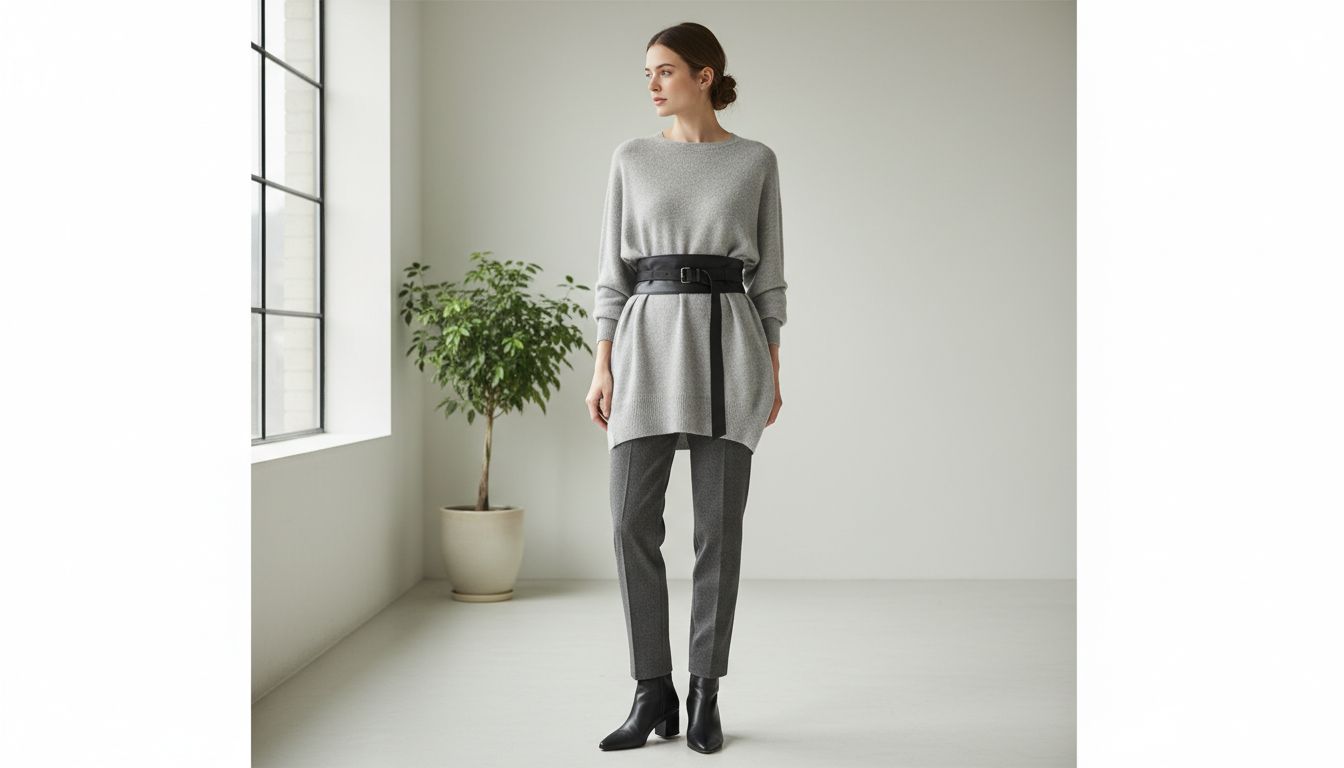 Стилизация: объемный светло-серый кашемировый свитер-туника, затянутый черным поясом-оби, в сочетании с узкими шерстяными брюками-сигаретами.