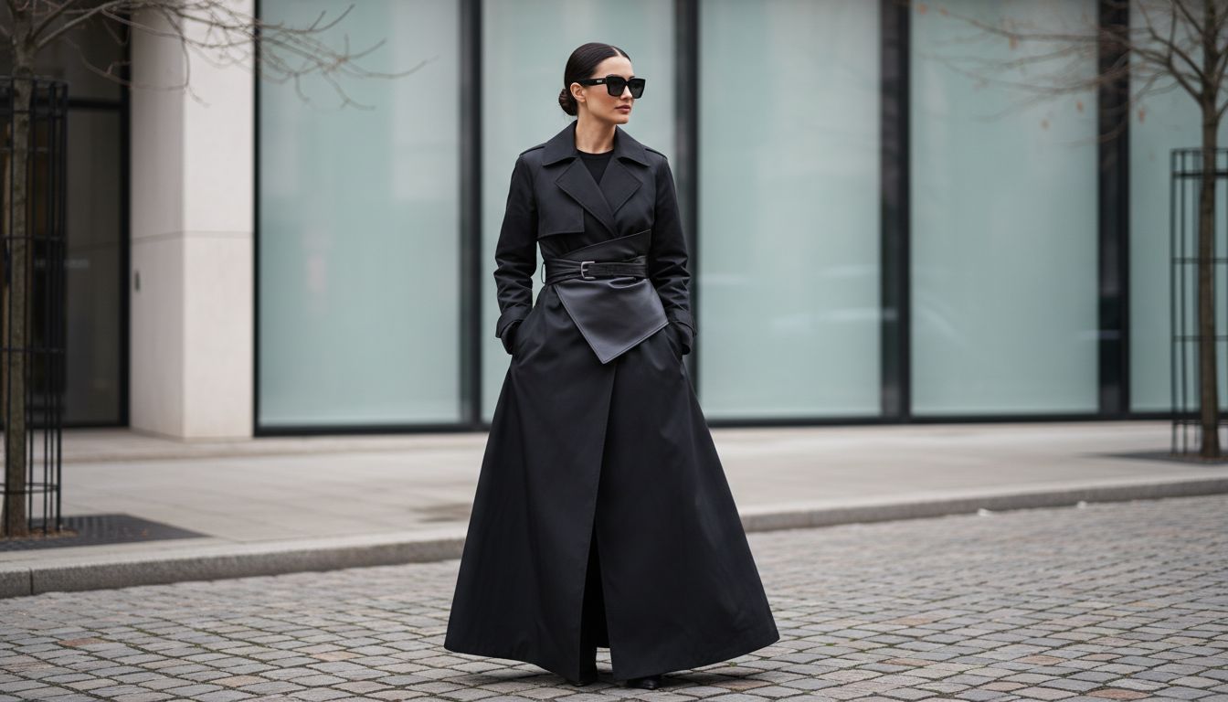 Девушка в длинном черном тренче из технического нейлона, талия которого подчеркнута широким асимметричным кожаным поясом с запахом.
