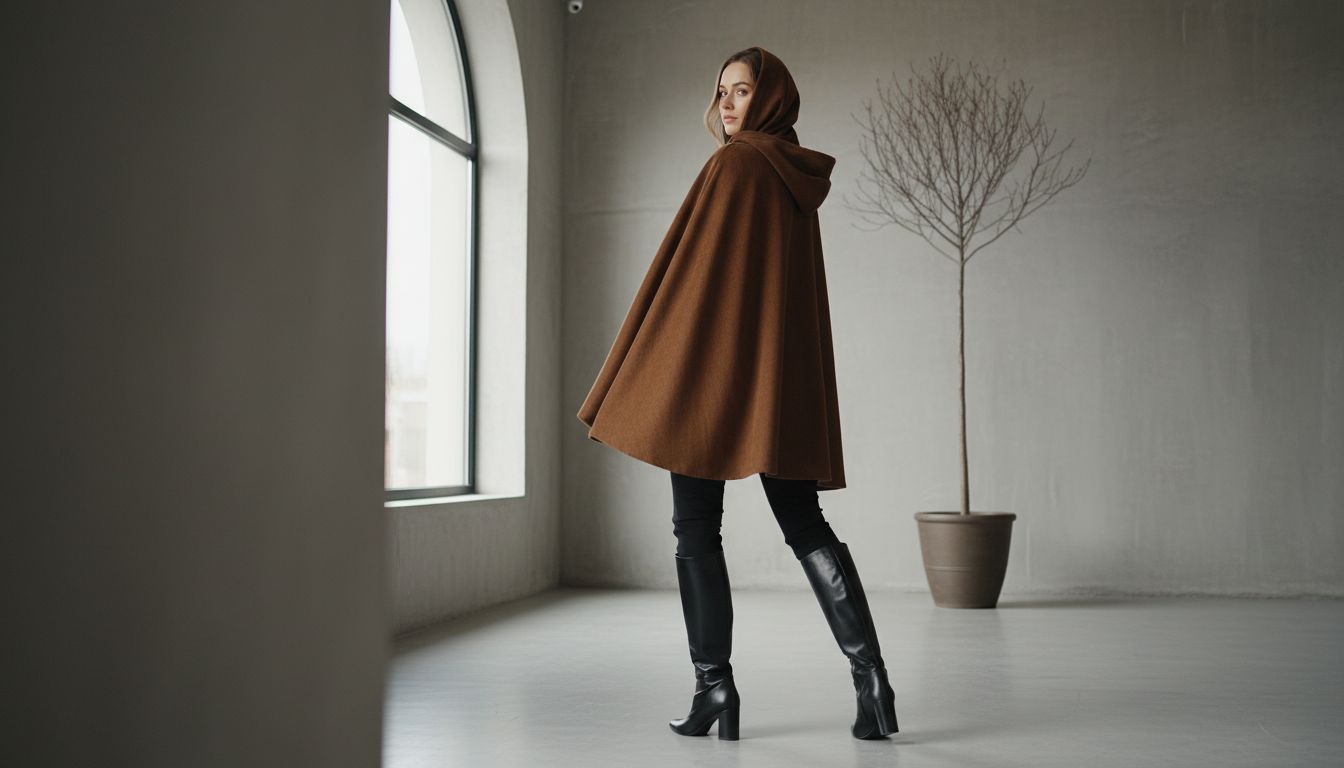 Стилизованный образ: оверсайз кейп из коричневого корда, высокие черные глянцевые сапоги-трубы и тонкие черные брюки-сигареты.